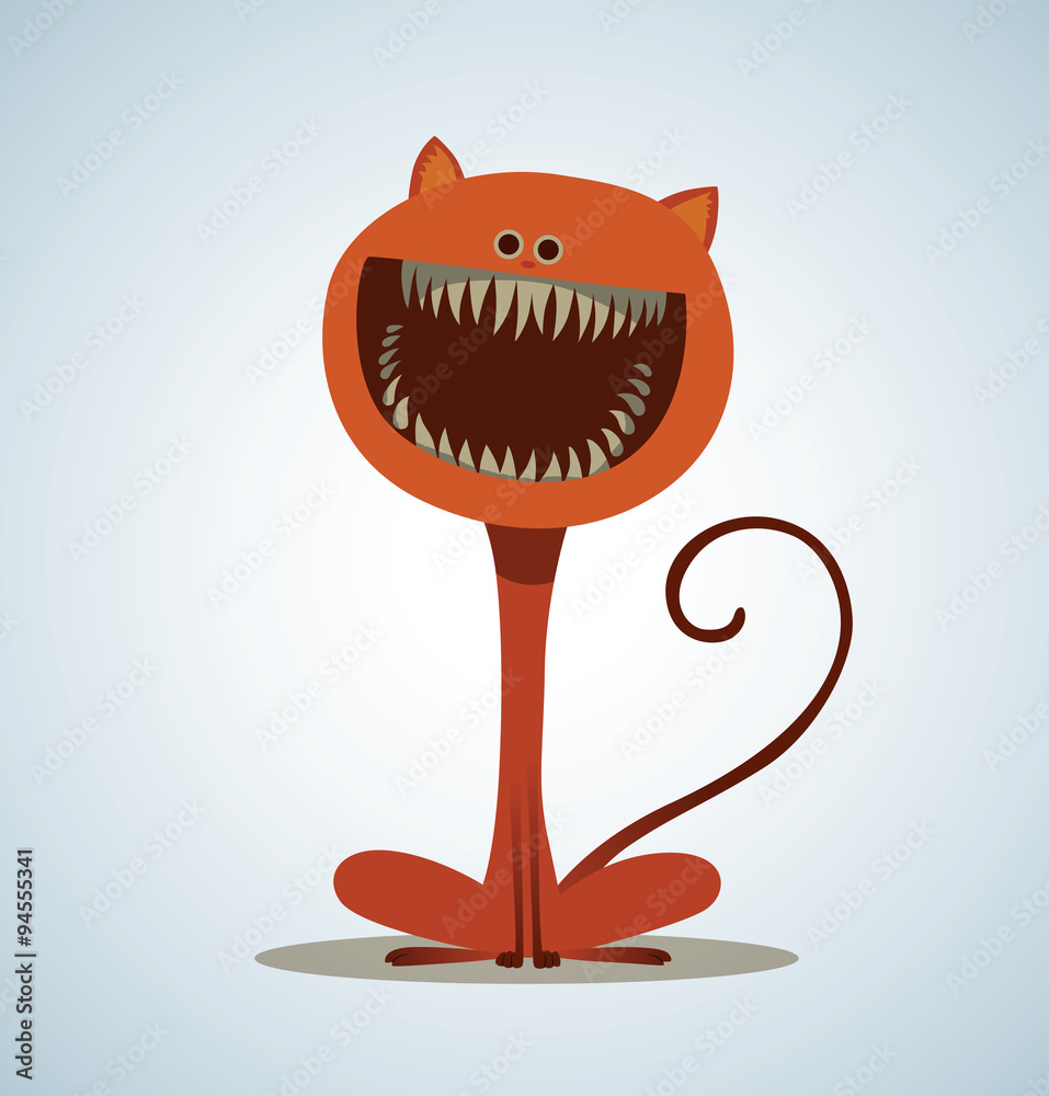 Vector cat with big teeth. Cartoon image of a ginger cat with big sharp  teeth on a light blue background. Stock Vector | Adobe Stock