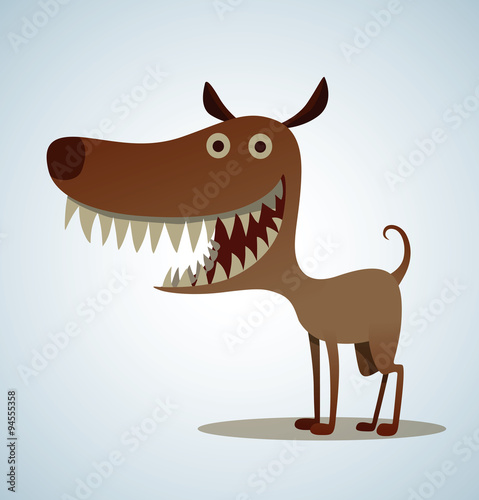 Vector dog with big teeth. Cartoon image of a brown dog with big sharp teeth on a light blue background.