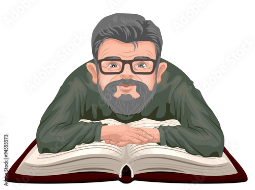 Grandfather reading book. Old man in glasses placed his hands on an open book