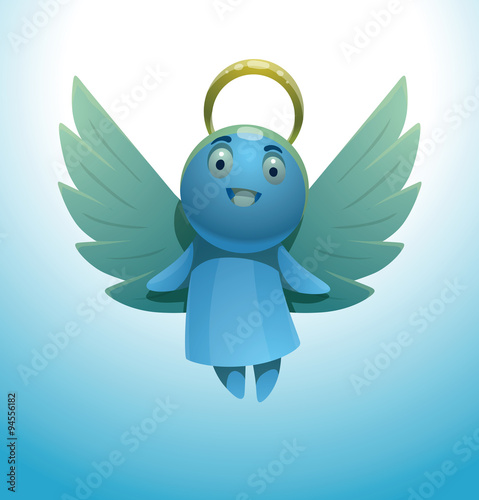Vector сute little angel. Cartoon image of a cute little blue angel with wings and golden halo over his head on a light blue background.