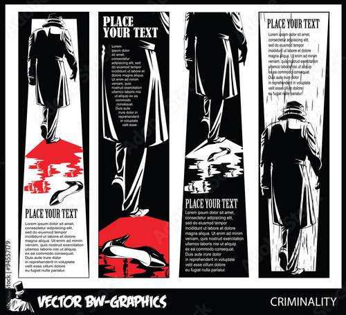 Black and white Vector banner. The killer leaves the scene of th