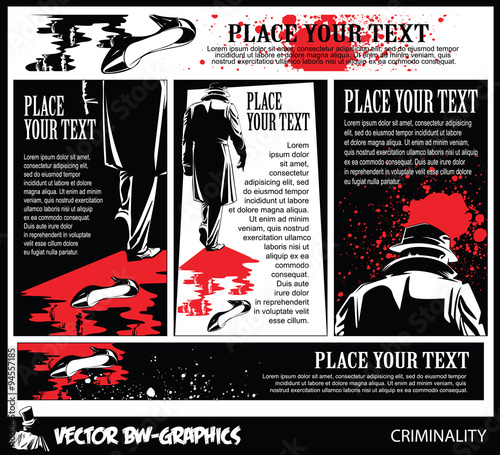 Black and white Vector banner. The killer leaves the scene of th