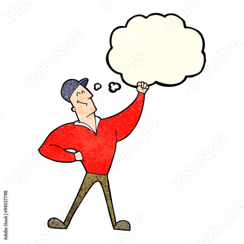 cartoon man striking heroic pose with thought bubble