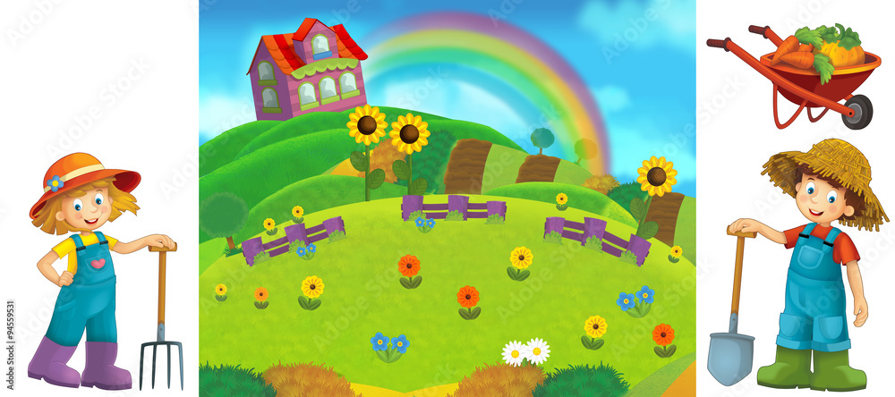Fototapeta premium Cartoon farm scene with isolated elements for individual composition - illustration for the children