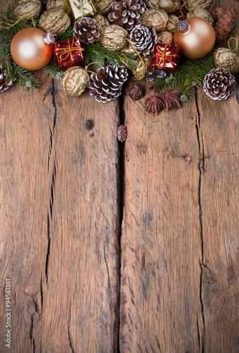 Christmas decoration, Holiday background with free space for text on a wooden board