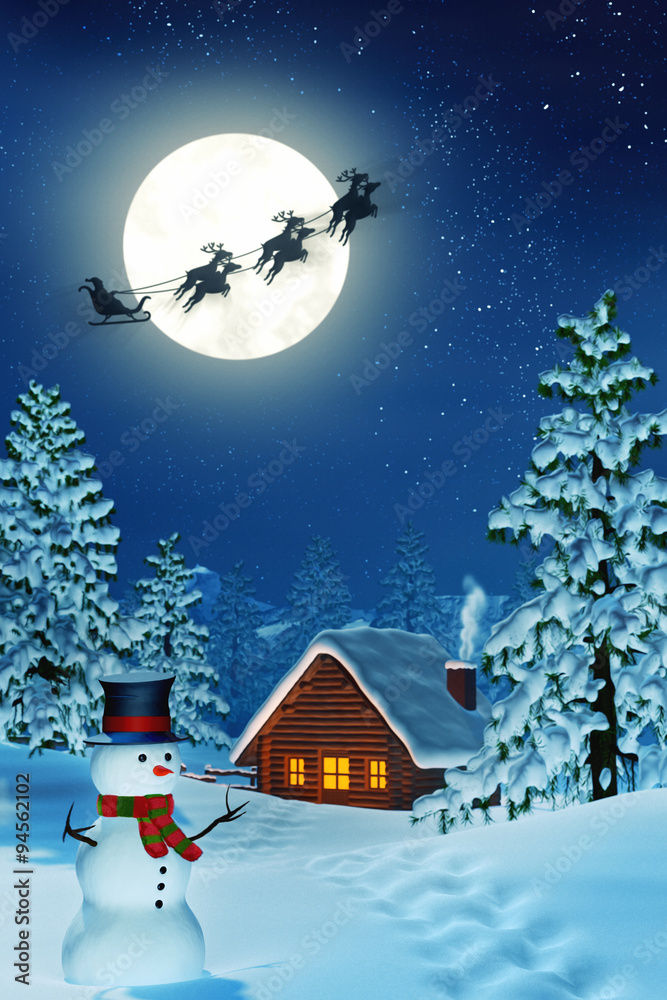 Cabin, snowman and Santa in moonlit winter landscape at night Cabin, snowman and Santa in moonlit winter landscape at night