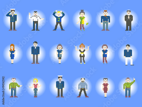 Set of characters pixel people. Different pixel characters, male and female, isolated on light background. Collection of abstract people icons