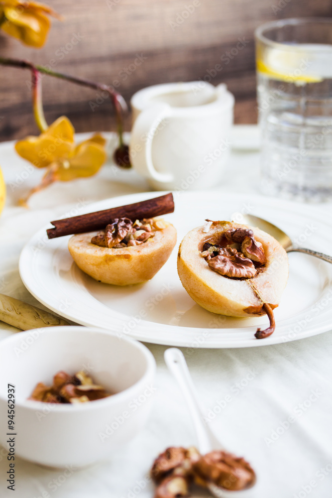 spicy baked pear with walnuts, honey, healthy dessert,selective spicy baked pear with walnuts, honey, healthy dessert,selective