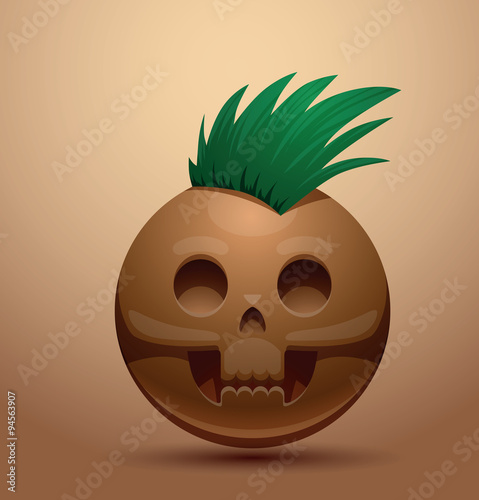Vector round skull with mohawk. Cartoon image of a round brown skull with a green mohawk on a light brown background.