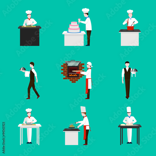Cooking with chef figures vector icons set
