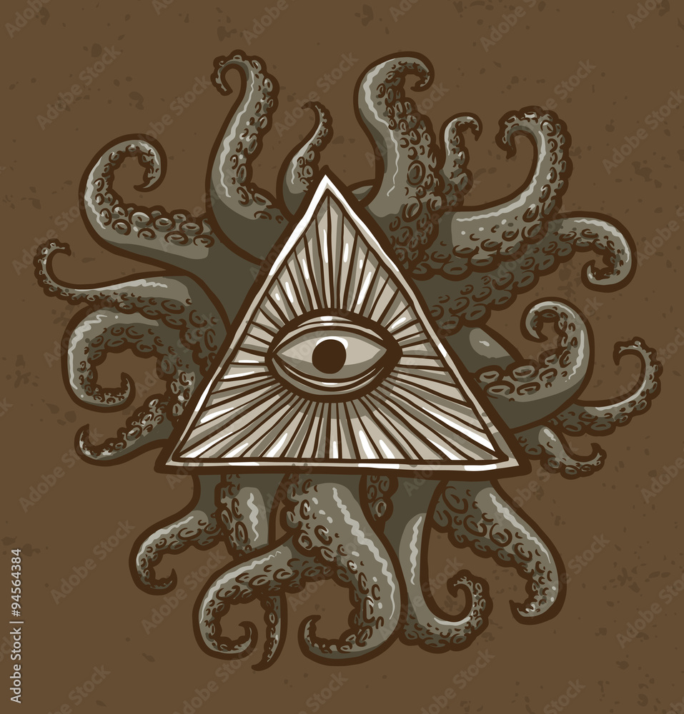 Vector image of Masonic symbol as a triangle with an eye painted in the  center with rays emanating from it and with tentacles around triangle on a  brown background. Stock Vector