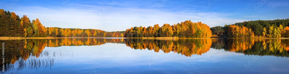 Panorama of autumnal lake in Poland