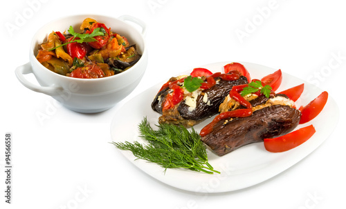 image of delicious dishes of baked vegetables closeup