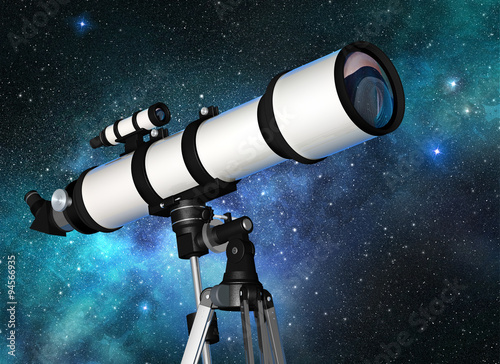 white telescope in a starry blue sky photo