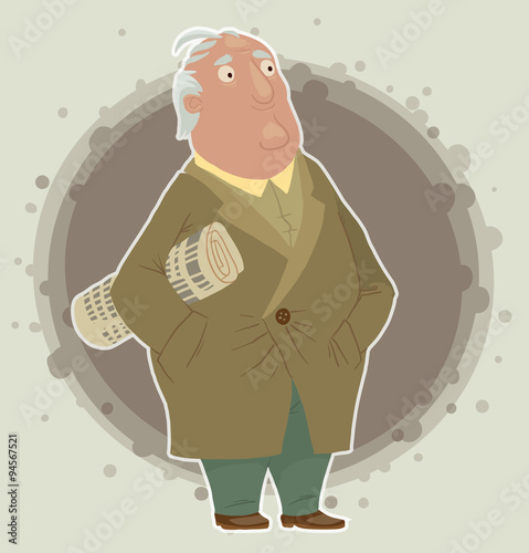Vector Old Man with newspaper. Cartoon image of a gray-haired old man dressed in a yellow-green coat and green pants with a newspaper under his arm on a light gray background.