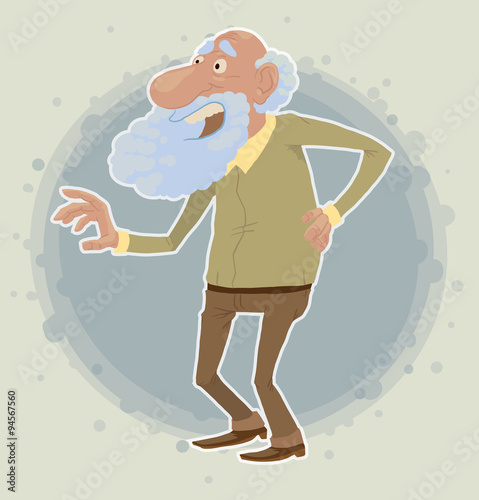 Vector Old man with pain in back. Cartoon image of an old man with white hair and beard, with pain in the back, dressed in brown trousers and yellow-green jacket on a light blue background.