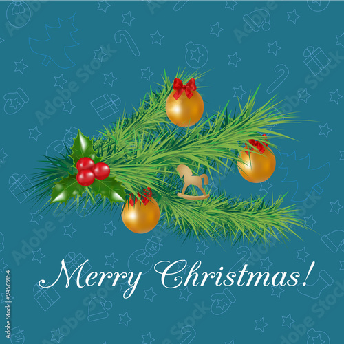 Greeting card -branch of the new year tree with christmas decoration