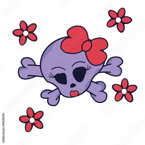 Pretty Skull witch Crossbones and Flowers isolated on white