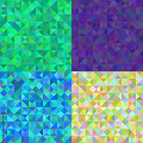 Abstract multicolored vibrant triangular backgrounds. Set of four backgrounds or patterns. Modern texture. For web and print