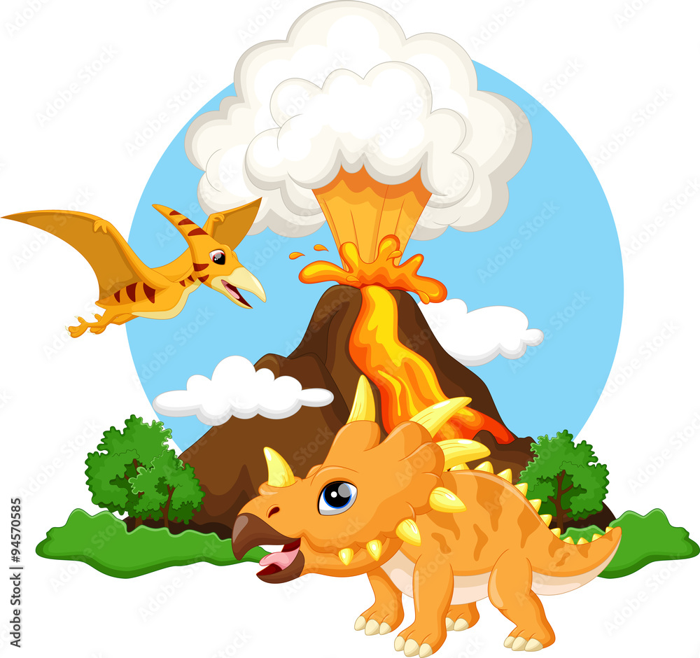 Fototapeta premium Cute triceratops and pterodactyl cartoon with volcano background