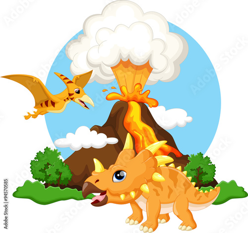 Cute triceratops and pterodactyl cartoon with volcano background