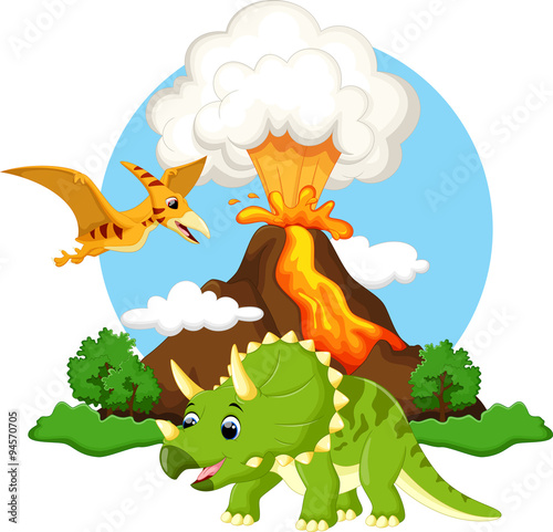 Cute triceratops and pterodactyl cartoon with volcano background