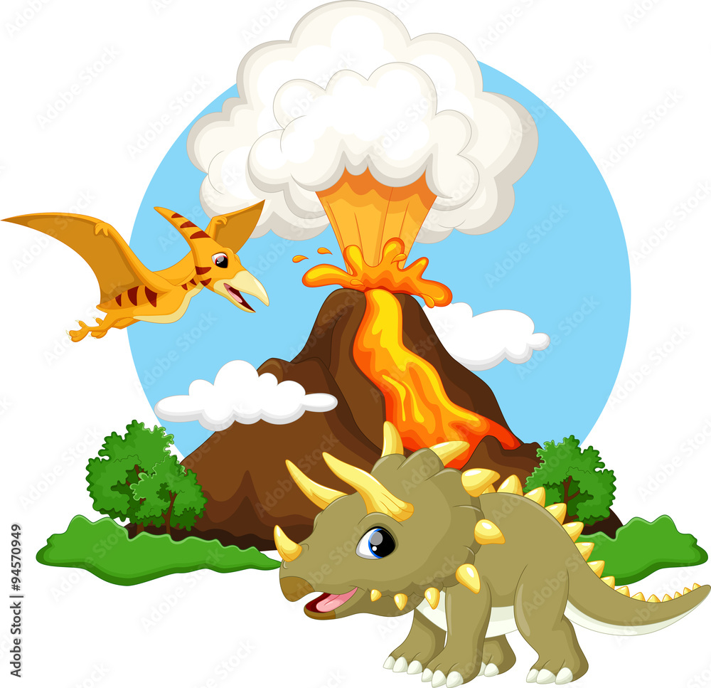 Naklejka premium Cute triceratops and pterodactyl cartoon with volcano background
