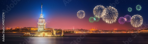 Beautiful fireworks near Maiden Tower, Kiz Kulesi Istanbul