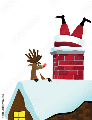 Merry Christmas Reindeer sees Santa Claus stuck in the chimney. EPS 10 vector, grouped for easy editing. No open shapes or paths.