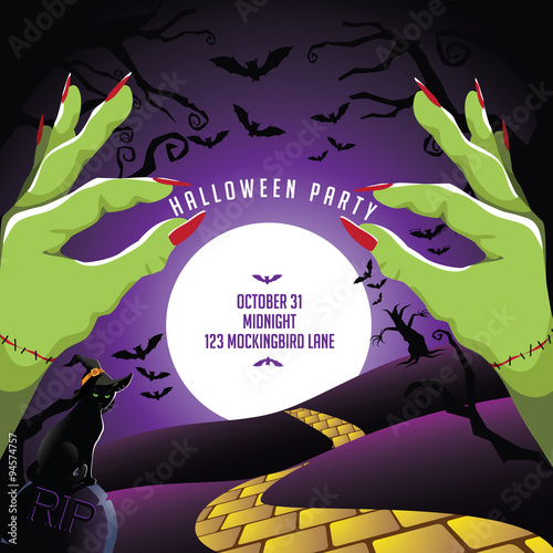 Green monster hands Halloween party design. EPS 10 vector illustration