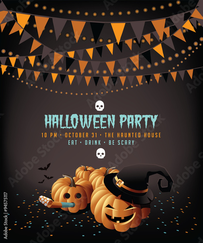 Halloween party pumpkins bunting and confetti invitation background EPS 10 vector