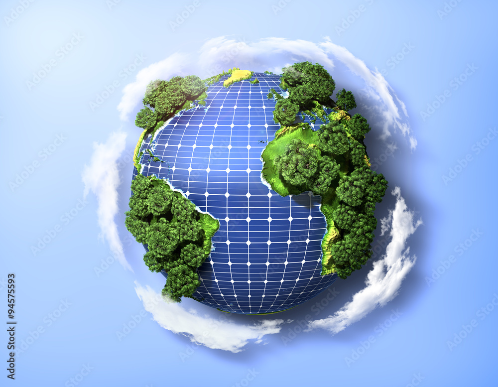 Naklejka premium Concept of green solar energy. Green planet earth with trees and