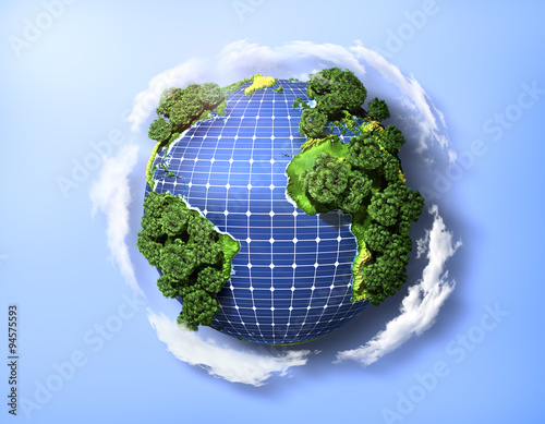Fototapeta Naklejka Na Ścianę i Meble -  Concept of green solar energy. Green planet earth with trees and