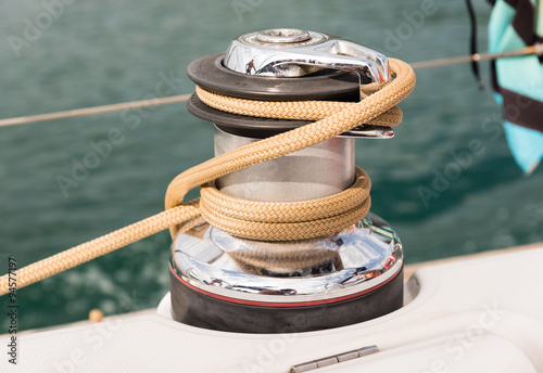 winch and rope on a sailing boat