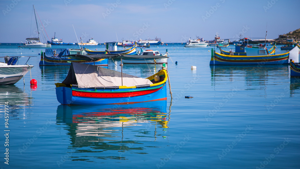 Typical colorful fishing boats of Masaxlokk, Malta