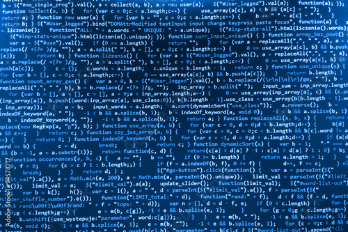 Software developer programming code. Abstract modern virtual computer script. Work of software developer programmer on desktop screen closeup. Online Internet cyberspace reality concept background