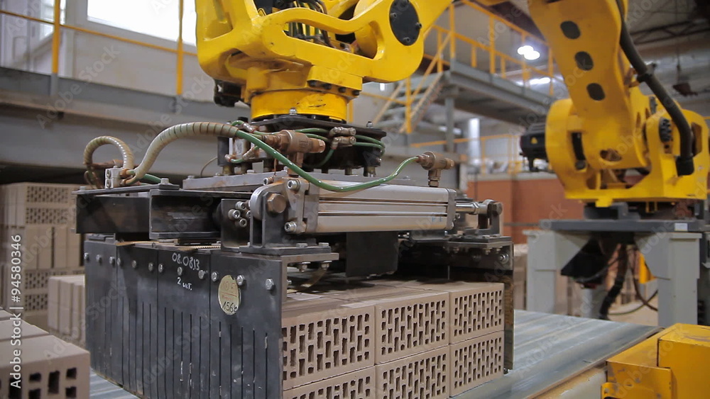 The production of bricks. Brick factory. Bricks are moving through the ...
