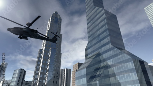 Animated modern city with a helicopter