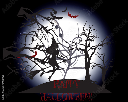 Happy Halloween background. Silhouette of Witch flying in the woods. Vector