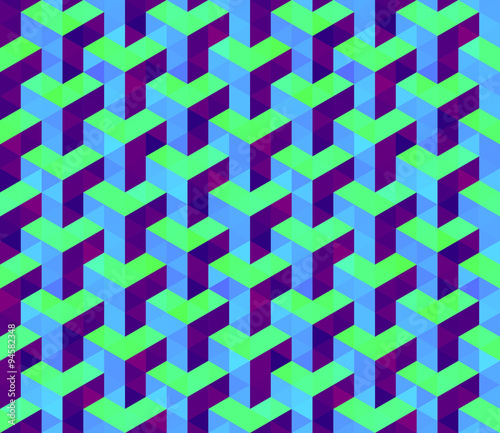 Vector Seamless Isometric Hexagonal Cube Pattern in Blue Lime and Purple