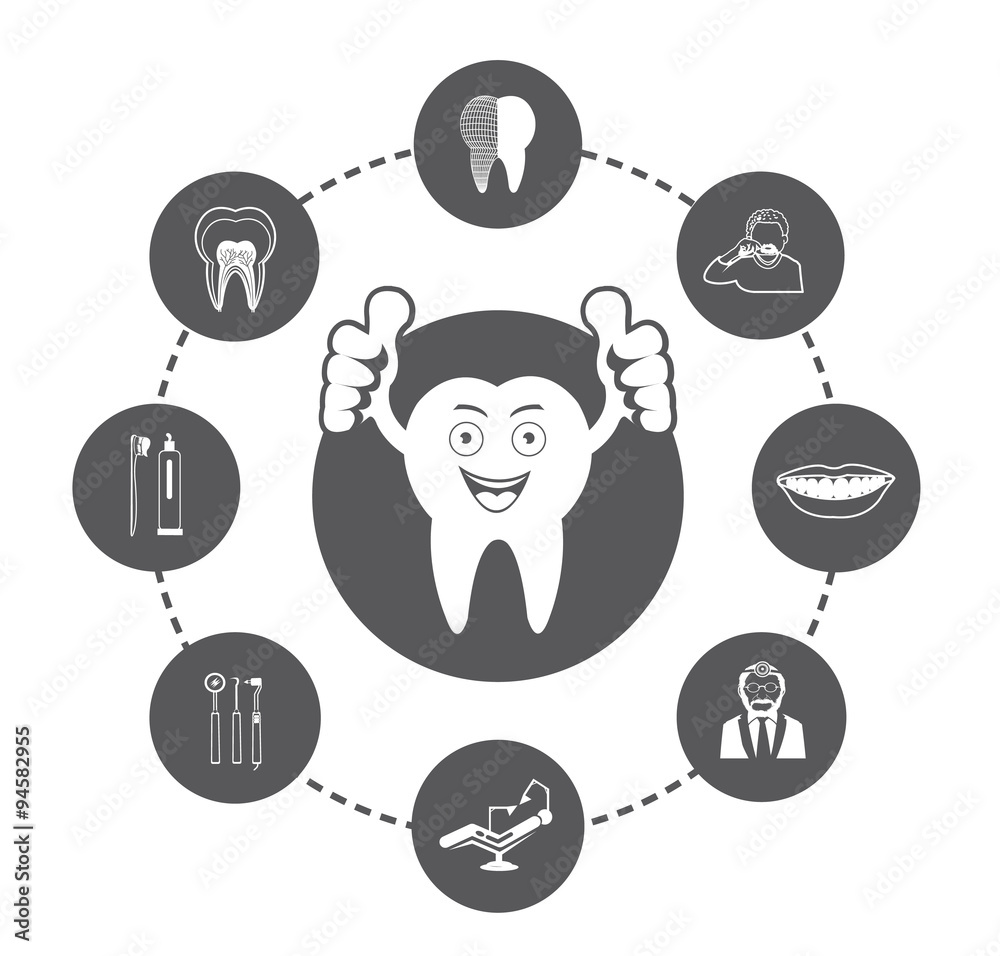 Cartoon Smiling tooth and Dental icons set Cartoon Smiling tooth and Dental icons set