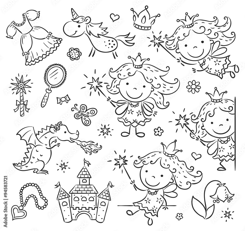 Little cartoon fairy set with a castle, unicorn, dragon and accessories Little cartoon fairy set with a castle, unicorn, dragon and accessories