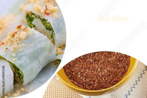 Food background:brown rice and Fresh Vegetable Rice Sheet Rolls