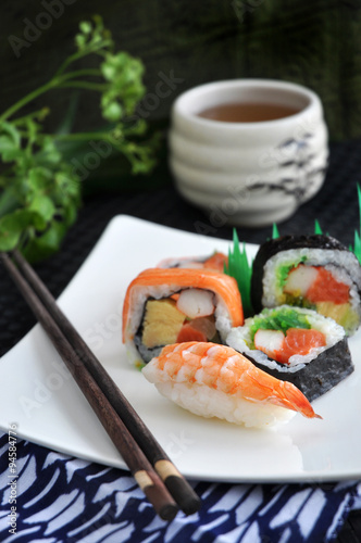 sushi with hot tea