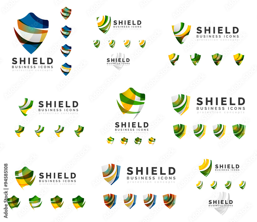 Set of company logotype branding designs, shield protection concept icons