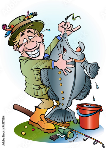 Vector cartoon illustration of a happy angler