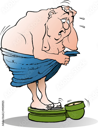 Vector cartoon illustration of a surprised fat man on a bath weight
