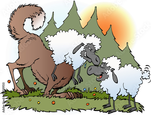 Vector cartoon illustration of a wolf disguised in a sheeps suit
