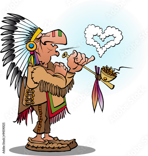 Vector cartoon illustration of an indian chief smoking a pipe blowing a heart