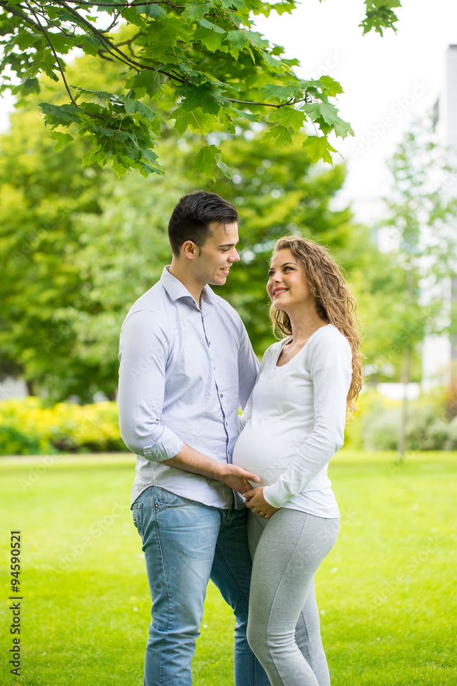 Fototapeta premium Happy and young pregnant couple in park in summer